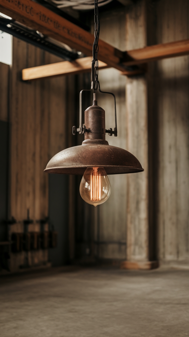 Raw, refined, and resolutely industrial: This vintage pendant, a symphony of metal and exposed bulb, casts a warm glow against the cool concrete. The perfect marriage of texture and light for a space that's both lived-in and utterly chic.
