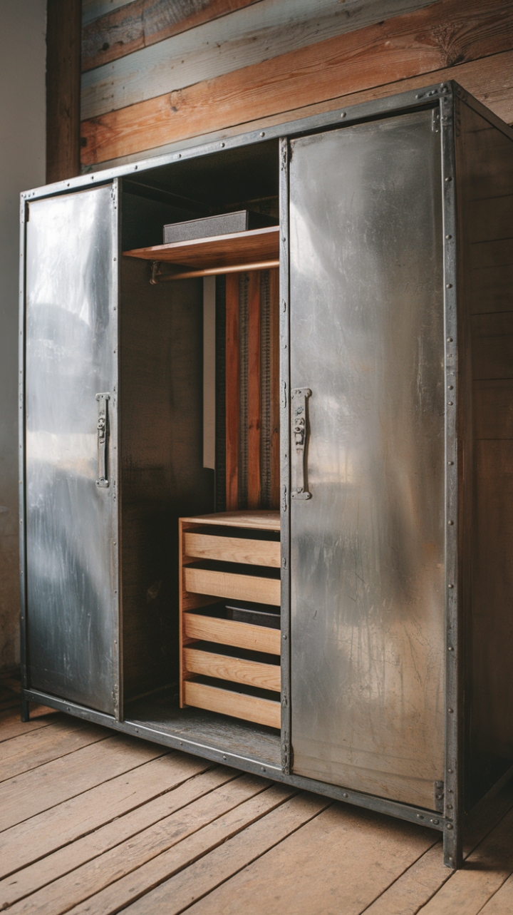 Raw steel meets reclaimed wood: This minimalist industrial wardrobe is the ultimate statement piece. Its vintage charm and factory-inspired design create a captivating focal point in any loft space, showcasing the beauty of industrial aesthetics with a touch of rustic warmth.