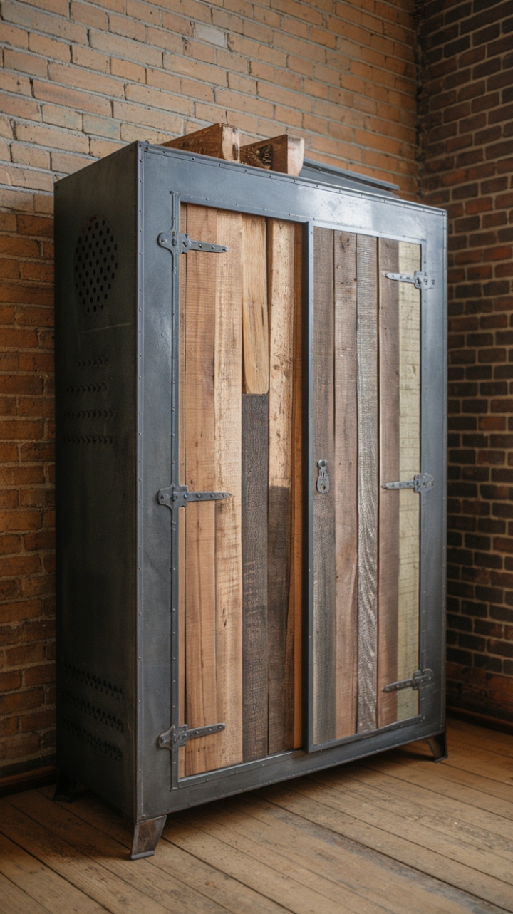 Imagine this striking steel and reclaimed wood wardrobe anchoring your loft. Its rugged industrial design, complete with factory-inspired storage, adds instant character to any space. The juxtaposition of the raw materials against the exposed brick wall creates a truly captivating focal point, perfectly complemented by the wide-plank wood flooring.