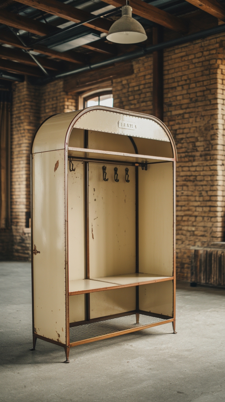 Ready to infuse your space with raw, urban charm? This vintage industrial wardrobe, a symphony of beige metal and rustic wood, is the perfect anchor for your loft's exposed brick and wooden beams. Its simple design, complete with internal hooks and a shelf, offers both style and practicality, while the concrete floor and hanging lamp complete the scene's industrial chic aesthetic.