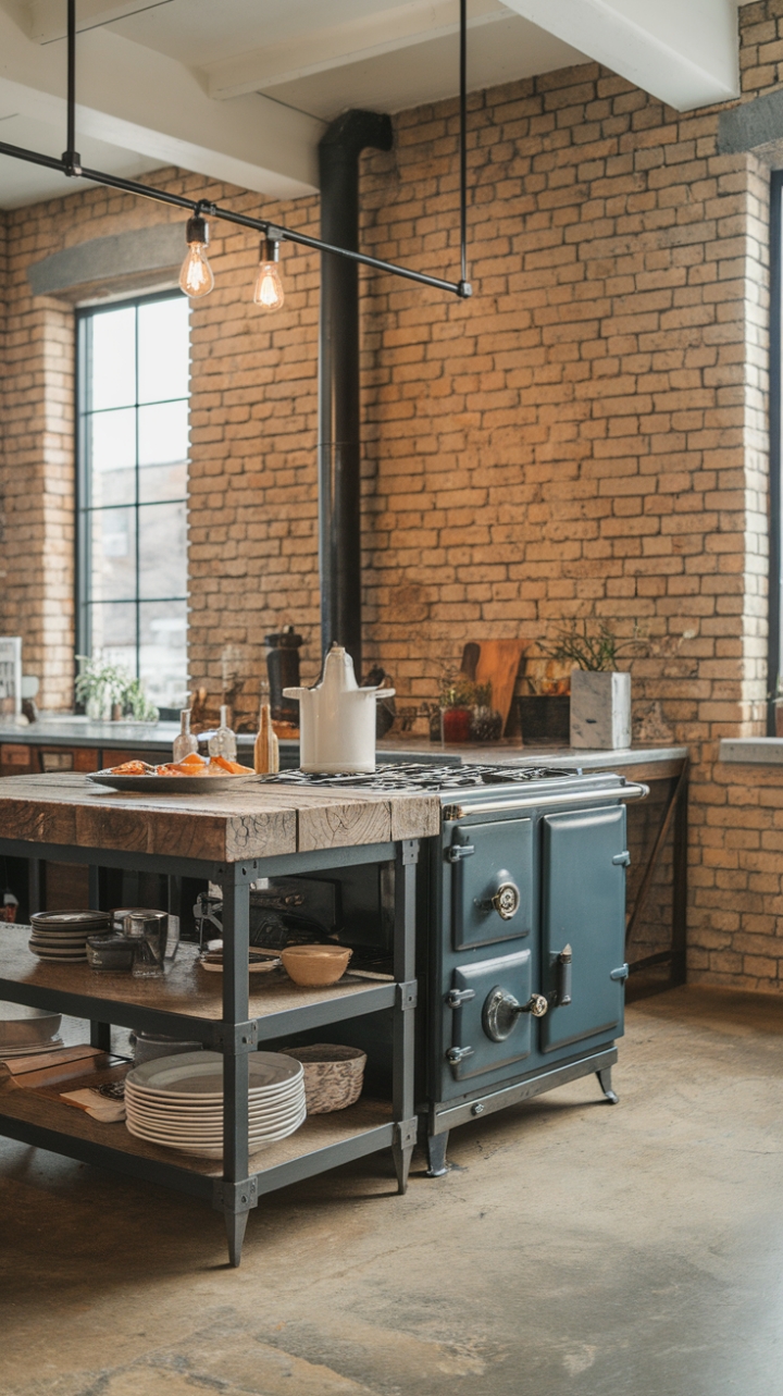 Raw industrial grit meets rustic charm in this breathtaking kitchen. Reclaimed wood warms the steel island, a vintage stove adding a touch of nostalgic flair against the exposed brick backdrop. Concrete floors and pendant lights complete the look, a perfect blend of textures and styles.
