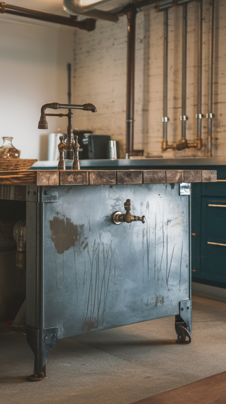 Imagine yourself crafting culinary masterpieces on this rustic-meets-refined kitchen island. The steel's subtle scratches whisper tales of countless meals shared, while the reclaimed wood top offers a warm, inviting surface. Paired with exposed pipes and a concrete floor, this kitchen is a masterpiece of contrasting textures and timeless appeal.