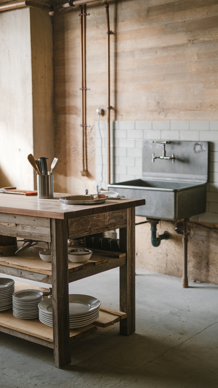 Reclaimed wood reigns supreme in this rustic kitchen, where a vintage island anchors the space, its weathered surface hinting at countless stories. Industrial-chic steel meets raw concrete, creating a symphony of textures and a heart-stoppingly beautiful contrast. The exposed pipes add an unexpected touch of urban grit.