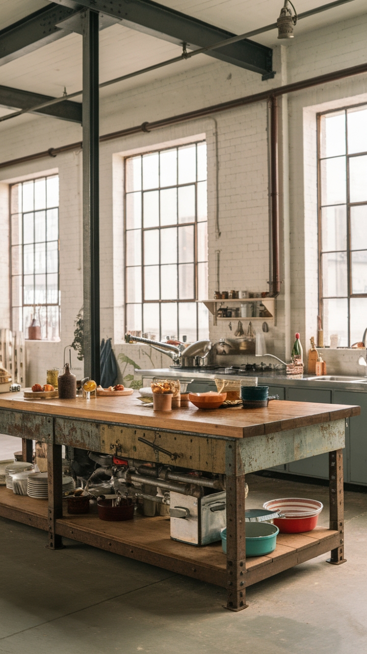 Rustic charm meets industrial edge in this breathtaking loft kitchen. A weathered wooden island, supported by raw steel beams and showcasing exposed pipes, anchors the space, its worn texture a testament to time and culinary adventures. Sunlight streams through expansive windows, illuminating the carefully arranged cooking utensils and fresh ingredients, promising delicious creations in this uniquely stylish setting.