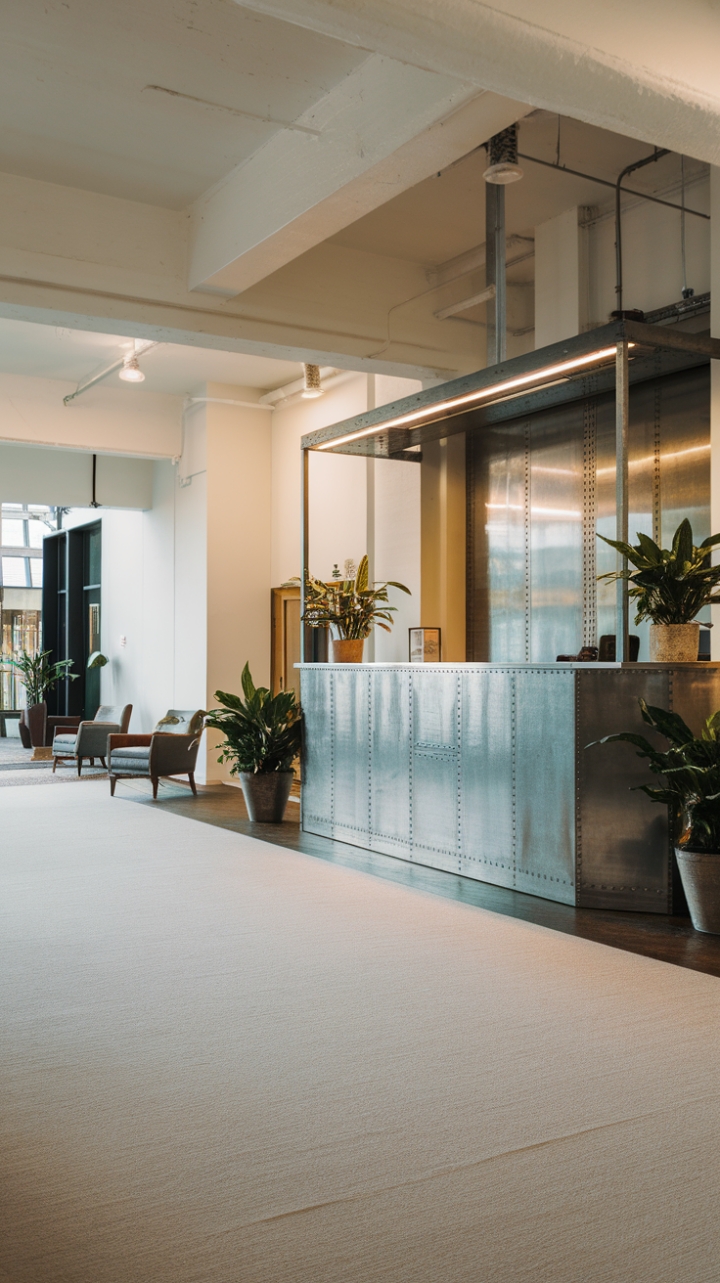 Imagine arriving at this space every day! A bright, airy lobby with an industrial edge, this design masterfully balances form and function. The metal reception desk is a statement piece, softened by the lush greenery and comfortable seating. The light gray carpet adds a touch of unexpected warmth, creating a welcoming and stylish first impression.