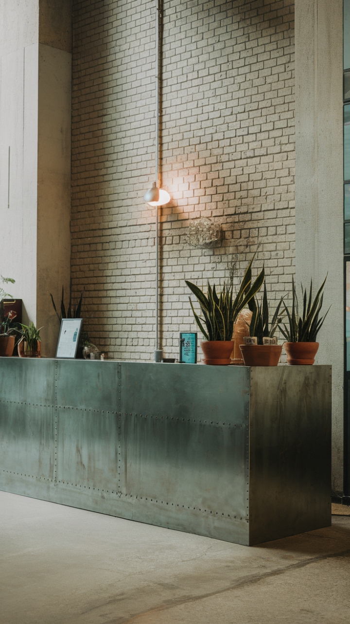 Ready to rethink industrial chic? This modern lobby's raw concrete floors, exposed brick, and minimalist metal reception desk create a space that's both strikingly stylish and surprisingly welcoming. The subtle greenery adds a touch of unexpected softness.