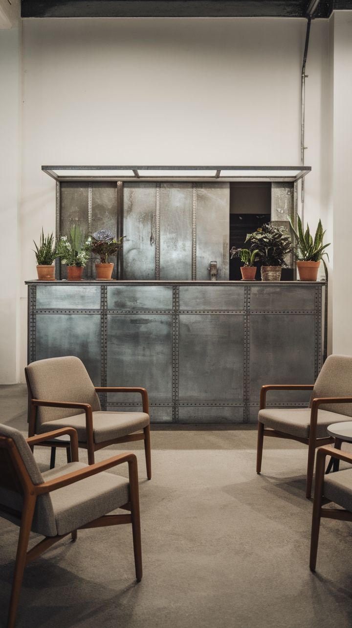 Imagine the possibilities! This stunning industrial-style reception area, with its minimalist aesthetic and pops of natural life, creates a welcoming and productive atmosphere. The clean white walls and grey concrete floor provide a striking backdrop for the modern furniture and metallic accents.