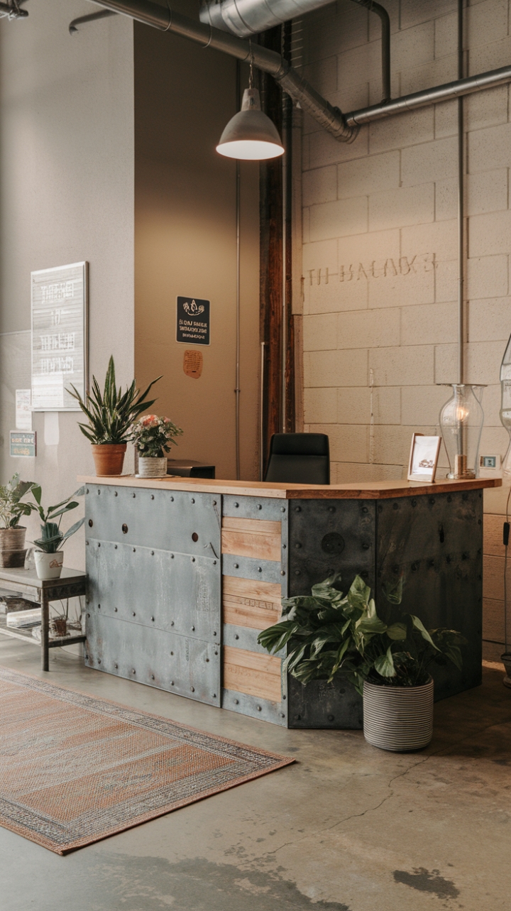 Ready to revamp your workspace? This modern lobby's industrial-chic reception desk, a stunning blend of metal and wood, is the perfect centerpiece. Potted plants add a touch of organic life, while the concrete floor and strategically placed rug create a grounded yet stylish atmosphere. The overall effect is both sophisticated and welcoming.