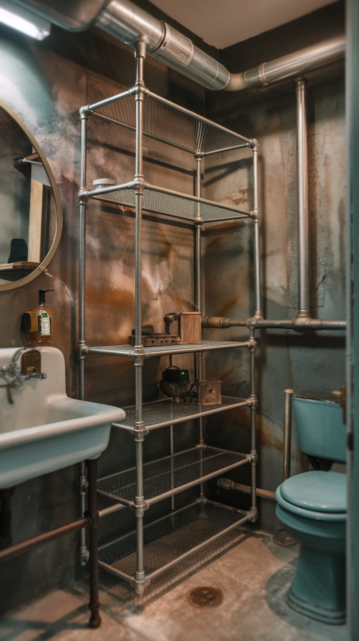 Ready to unleash your inner steampunk inventor? This rustic-industrial pipe closet, brimming with vintage charm, transforms a simple bathroom into a captivating sanctuary. Metal pipes form ingenious shelving, while others hang artfully on the wall, complementing the aged sink and tiled floor for a truly unique space.