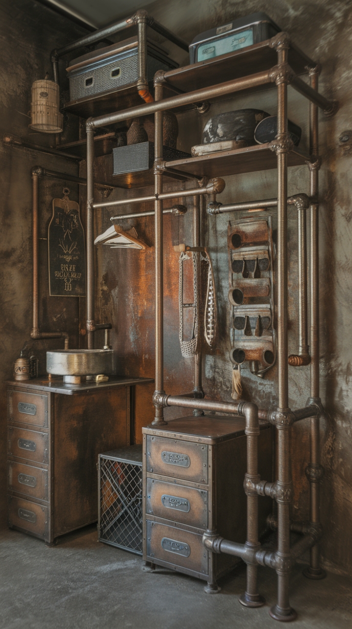 Unleash your inner industrialist with this raw, reclaimed pipe masterpiece. A symphony of metal and rustic charm, this bathroom storage solution boasts shelves, cabinetry, and a closet, all crafted from repurposed pipes, creating a space as unique as you are. The aged finish whispers tales of bygone eras, while the functionality speaks to modern needs.