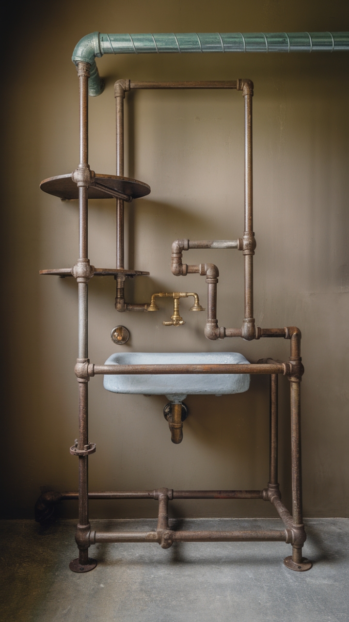Imagine waking up to this: a bathroom boasting the unique charm of repurposed industrial pipes, crafted into a stunning shelving unit. The aged metal, the neutral wall, the cool concrete floor—it's a symphony of textures that whispers stories of bygone eras while offering a modern, sophisticated aesthetic.