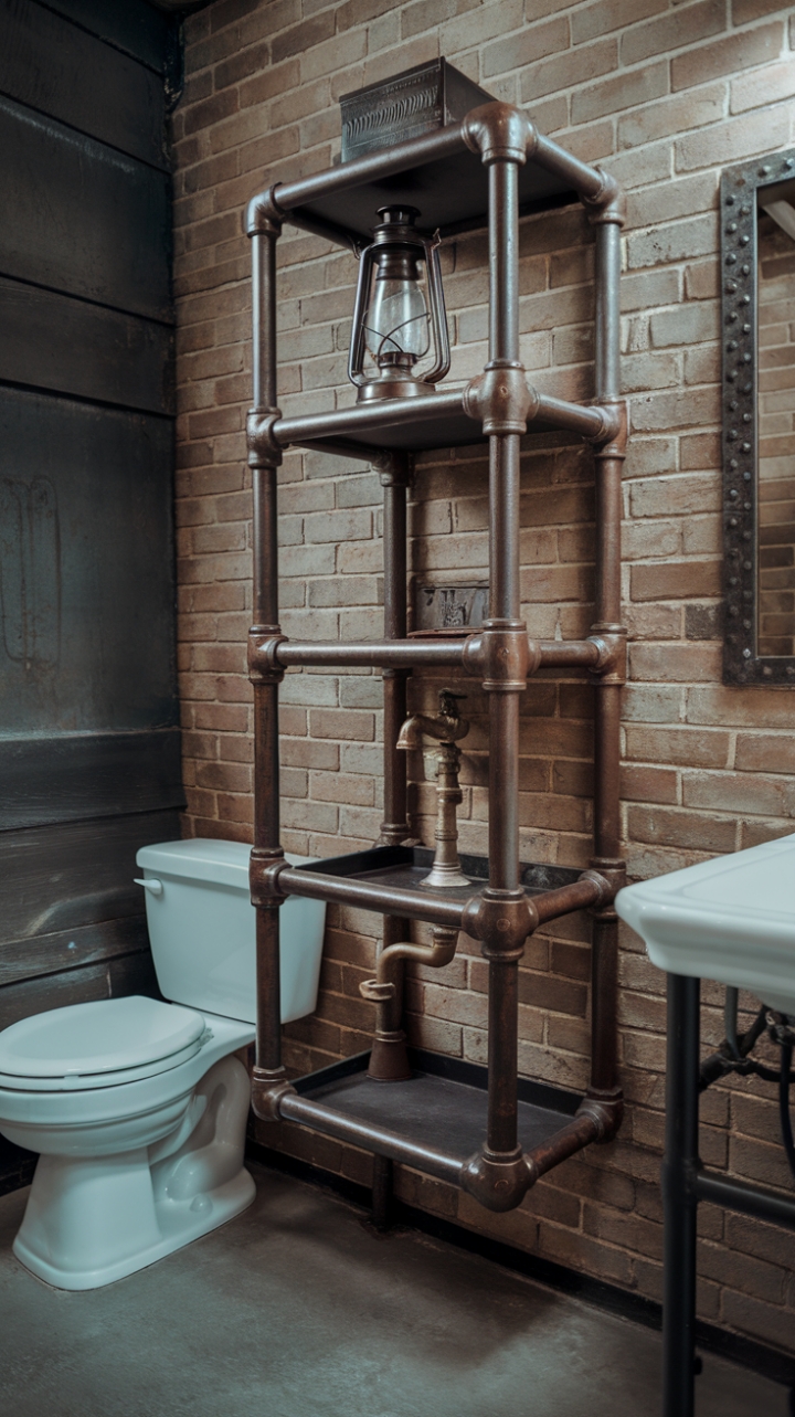 Unleash your inner steampunk alchemist with this raw, industrial pipe closet. A vintage lantern casts a warm glow on rustic metal shelves, while a reclaimed faucet adds a touch of aged elegance. The exposed brick and concrete floor complete this boldly masculine bathroom haven.