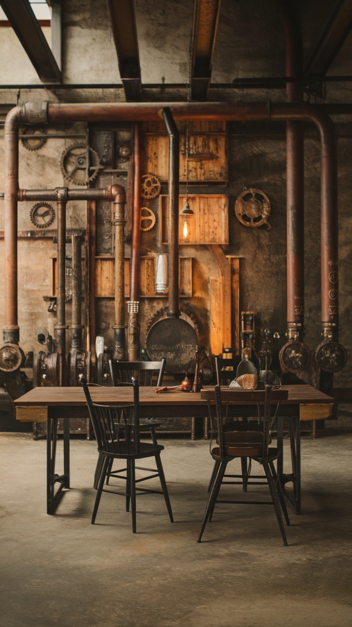 Imagine cozy evenings spent in this captivating room, where the concrete floor grounds the space and the high ceilings amplify the sense of grandeur. Rustic, antique, and steampunk elements intertwine seamlessly, creating a unique atmosphere that's both inviting and utterly unforgettable. The warm lighting casts a magical spell, transforming this industrial setting into a haven of sophisticated comfort.