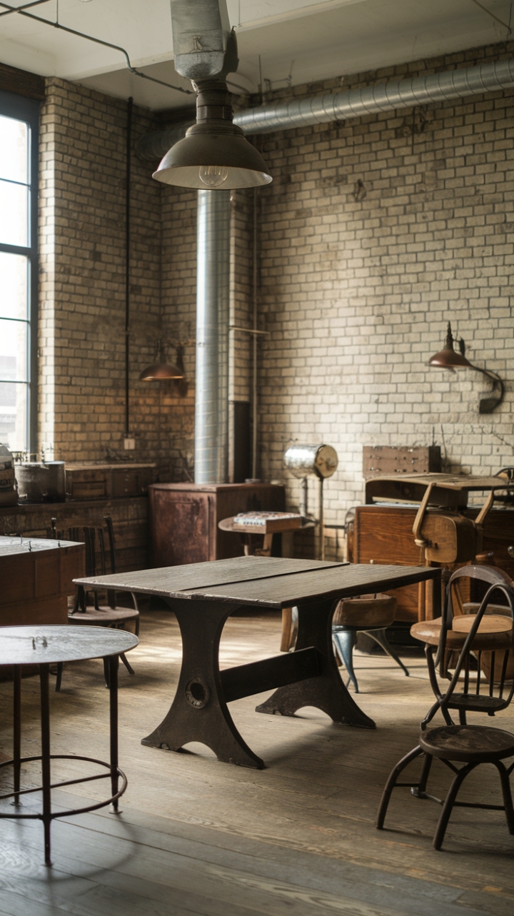Raw industrial charm meets refined steampunk elegance in this captivating space. Exposed brick walls and vintage industrial pipes create a dramatic backdrop for a stunning collection of antique furniture, including a show-stopping wooden table and a collection of unique seating. The interplay of textures and materials—from aged wood to cool metal—is a testament to the power of repurposed design, resulting in a space that is both strikingly beautiful and undeniably unique.
