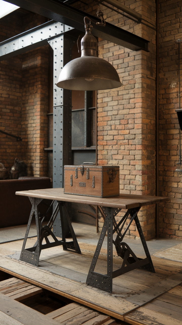 Raw brick whispers tales of industry past, while gleaming steel beams and reclaimed wood flooring forge a future of sophisticated steampunk style. A vintage pendant lamp casts a warm glow on a rustic table, its aged wooden box a testament to time's artistry.