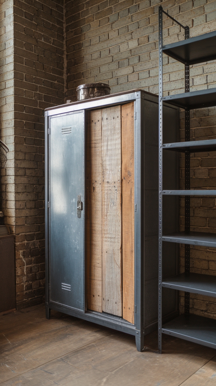 Raw brick walls meet sleek metal shelving in this loft-style haven. A vintage wardrobe, a masterpiece of reclaimed wood and steel, anchors the space, its industrial design a testament to enduring style. This urban storage solution is both a statement piece and a testament to the beauty of repurposed materials.