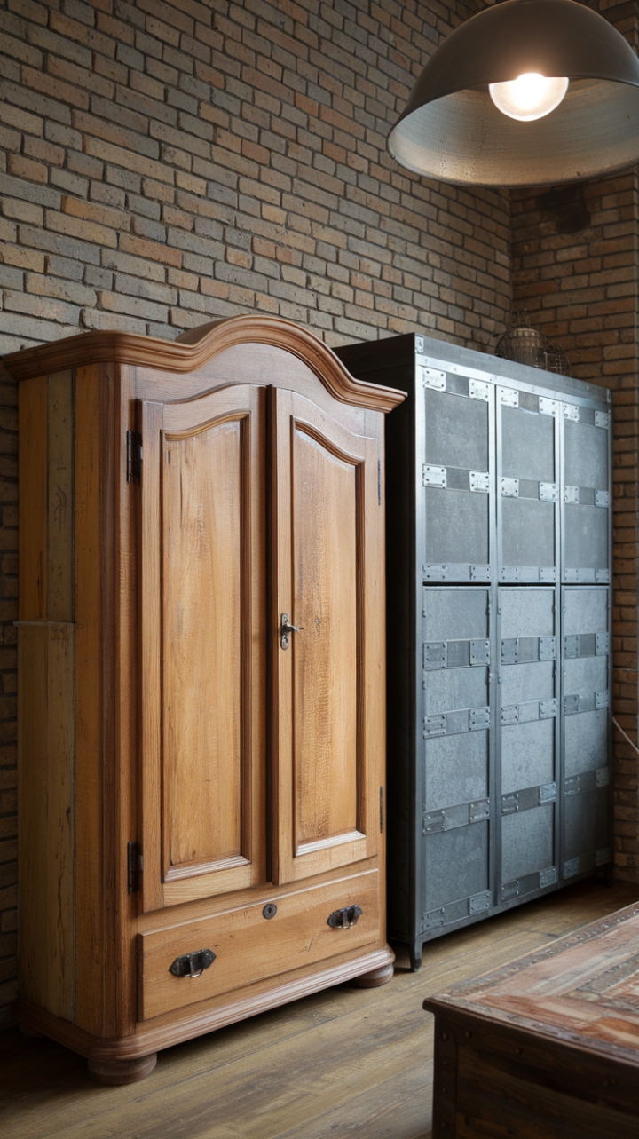 Imagine this: reclaimed wood whispers stories of the past while modern metal adds a touch of edgy sophistication. This isn't just storage; it's a statement piece, a focal point that breathes life into any loft or industrial-chic space. The vintage wardrobe's unique character is beautifully balanced by the clean lines of the steel cabinet, creating a dynamic and inviting atmosphere.