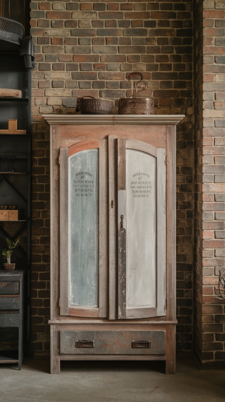 Reclaimed wood whispers tales of time in this industrial haven. A vintage wardrobe, brimming with rustic charm, anchors the brick-walled space, its aged patina a perfect counterpoint to the factory-inspired furnishings and urban storage solutions. The overall effect? Raw, refined, and undeniably captivating.