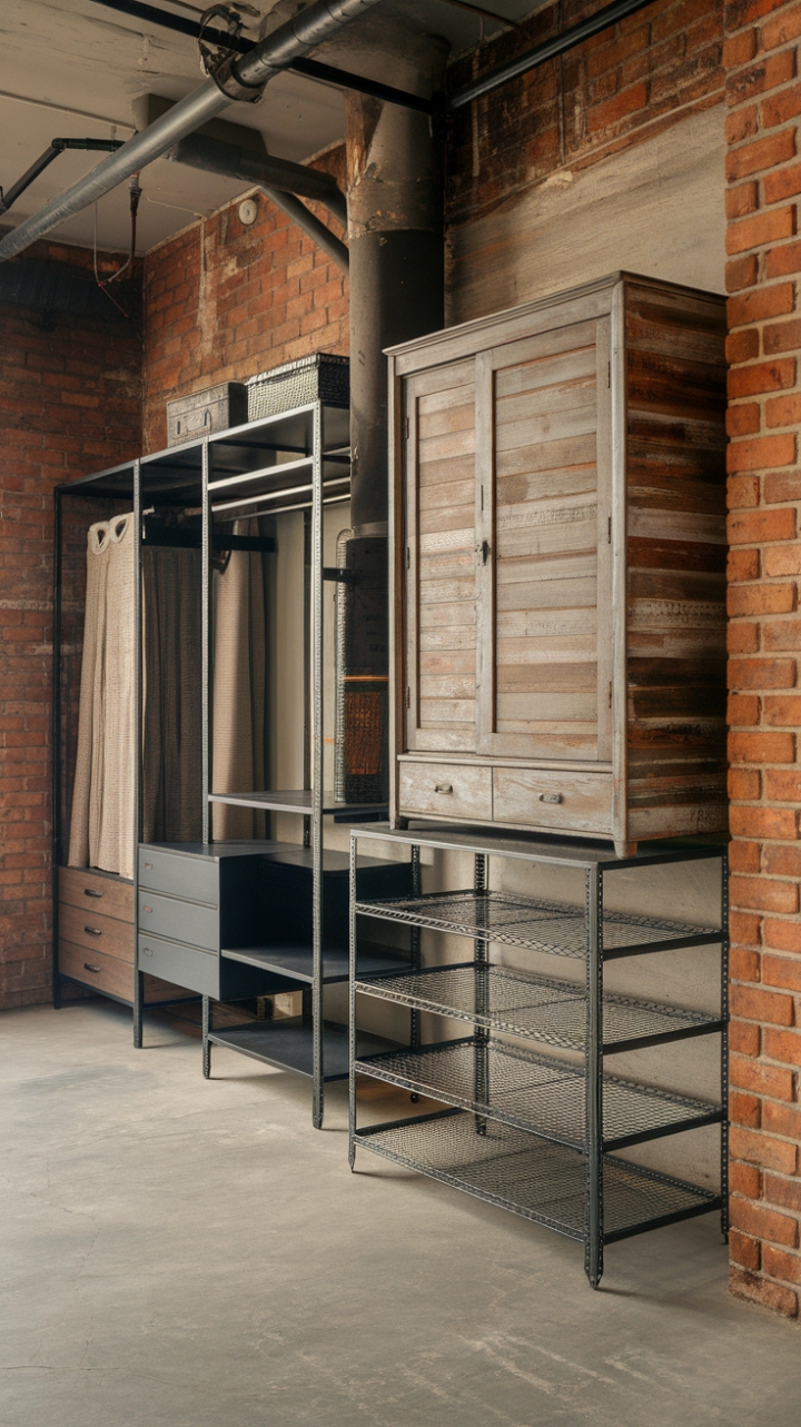 Ready to revamp your storage? This urban haven seamlessly blends industrial grit with vintage charm. Reclaimed wood whispers rustic tales, while steel cabinets and metal shelving offer robust functionality. Exposed brick and concrete flooring complete the raw, yet refined aesthetic.
