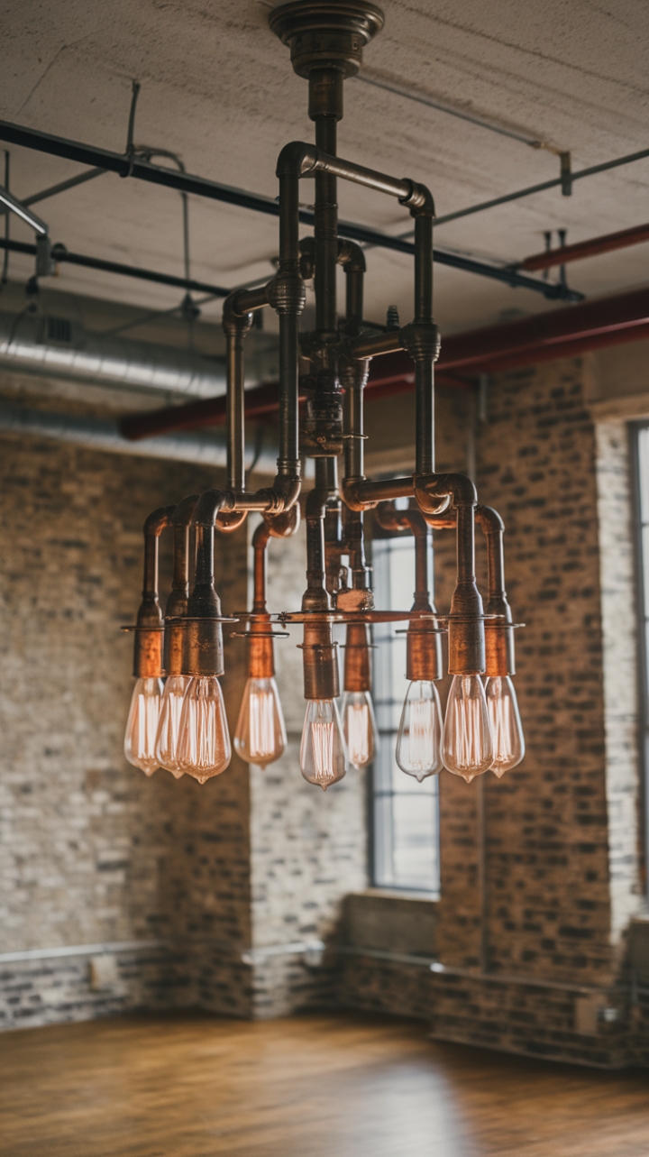 This loft's exposed brick and concrete are softened by the warm glow of a magnificent vintage industrial chandelier. The handcrafted metal fixture, a masterpiece of repurposed pipes and exposed bulbs, adds a touch of gritty elegance, creating a captivating contrast against the rich wood floors. A testament to the beauty of reclaimed materials and bold design.
