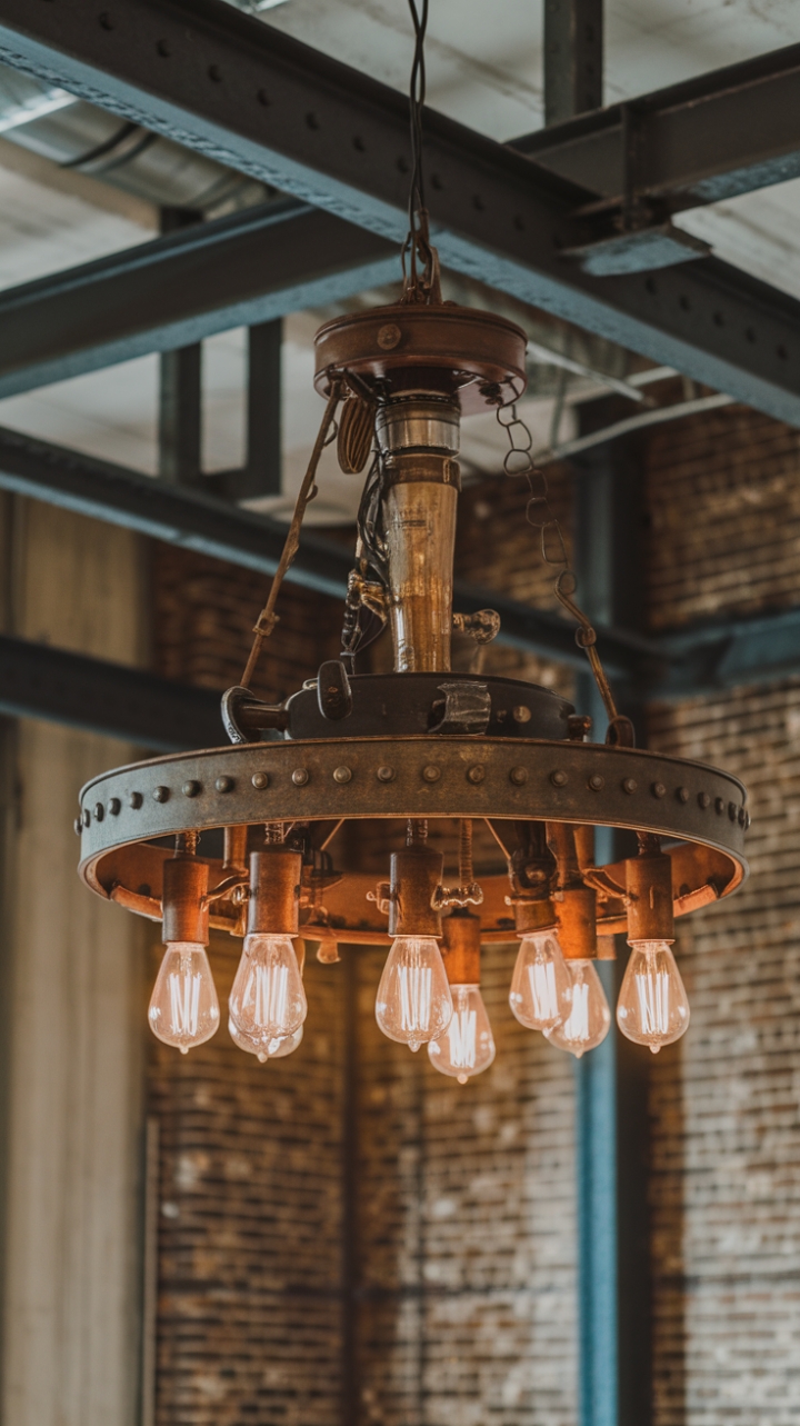 Raw industrial chic meets vintage romance. This stunning loft space is anchored by a breathtaking steampunk-inspired chandelier, its rustic metal frame and exposed bulbs casting a warm, inviting glow against the backdrop of exposed brick and steel beams. The perfect blend of rugged texture and refined elegance.