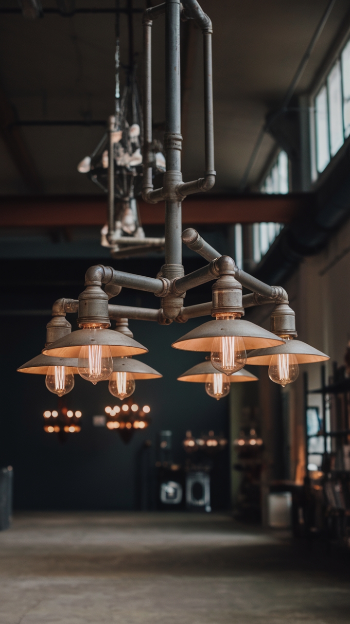 Raw industrial chic meets vintage romance in this breathtaking loft space. A magnificent pipe-and-bulb chandelier, reminiscent of a bygone era, commands attention, its old-fashioned streetlamp bulbs casting a warm, inviting glow against the cool concrete floor. The dimly lit background hints at further design treasures, promising a captivating exploration of this unique and stylish home.