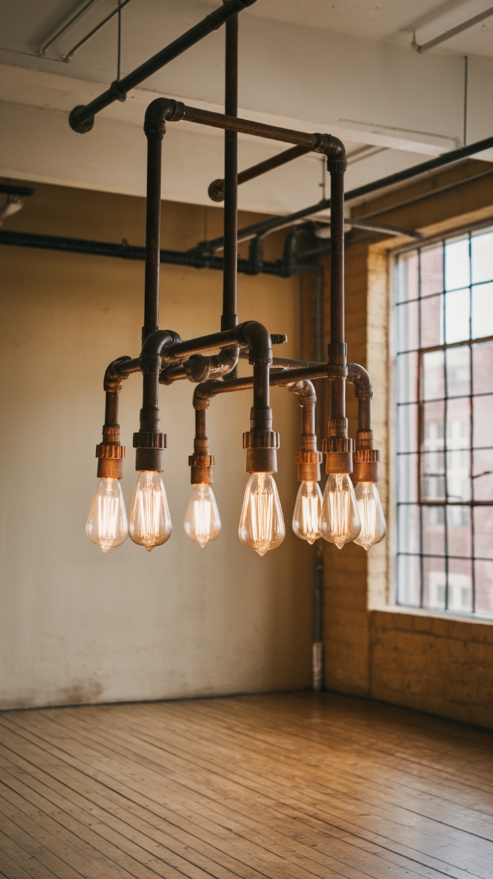 Unleash your inner urbanite with this vintage industrial chandelier, its raw metal pipes and exposed bulbs casting a warm, inviting glow against the backdrop of a sun-drenched loft. The perfect blend of rustic charm and modern edge.