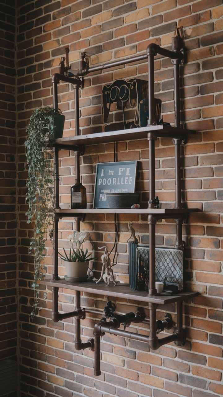 Ready to inject raw, urban cool into your space? This vintage industrial pipe shelf, brimming with personality, is the perfect blend of rustic charm and modern functionality. Its multi-tiered design showcases a curated collection of plants, lighting, and decorative accents against a backdrop of exposed brick, creating a captivating focal point.