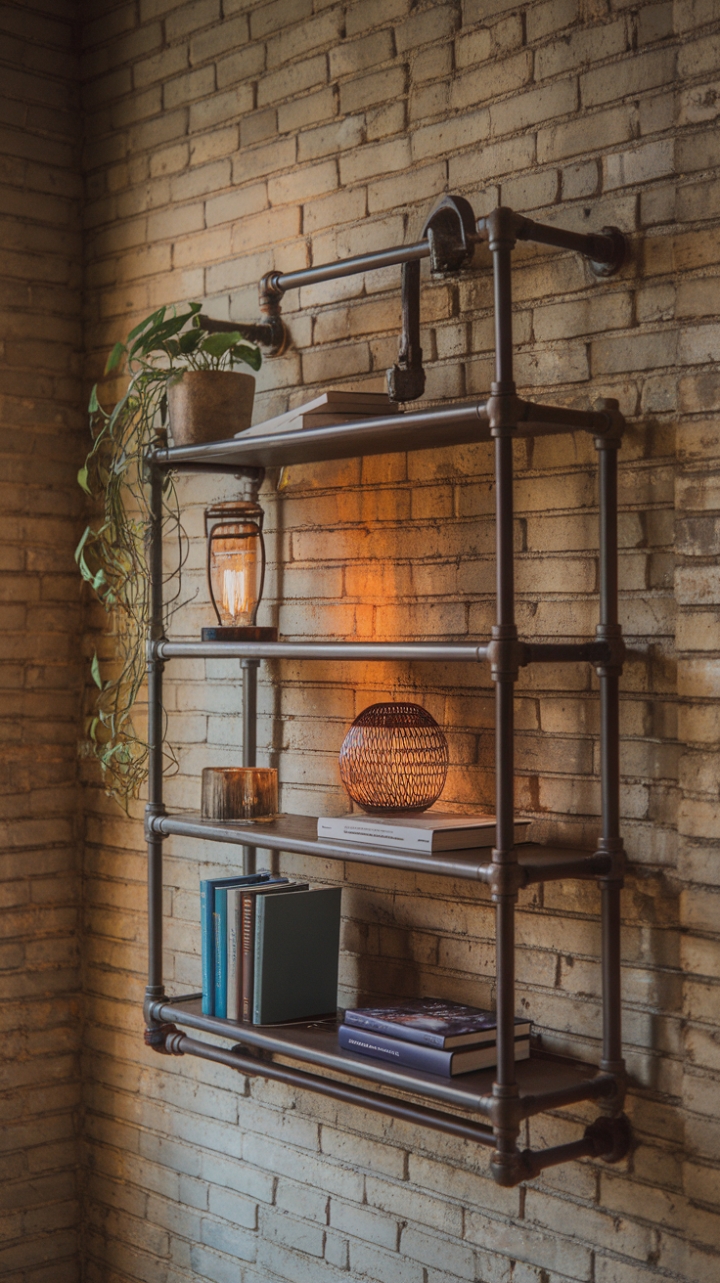 Raw industrial pipes meet refined living in this stunning shelving display. Against a backdrop of aged brick, the multi-tiered shelving unit showcases a carefully chosen mix of greenery, lighting, and personal accents, proving that industrial style can be both functional and beautifully curated.