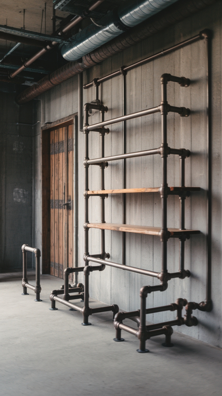 Unleash your inner urbanite with this raw, industrial pipe shelving system. Rustic wooden planks meet sleek steel pipes in a symphony of contrasting textures, creating a captivating focal point in any space. The multi-tiered design maximizes storage while the exposed pipes and concrete backdrop maintain that coveted industrial edge.
