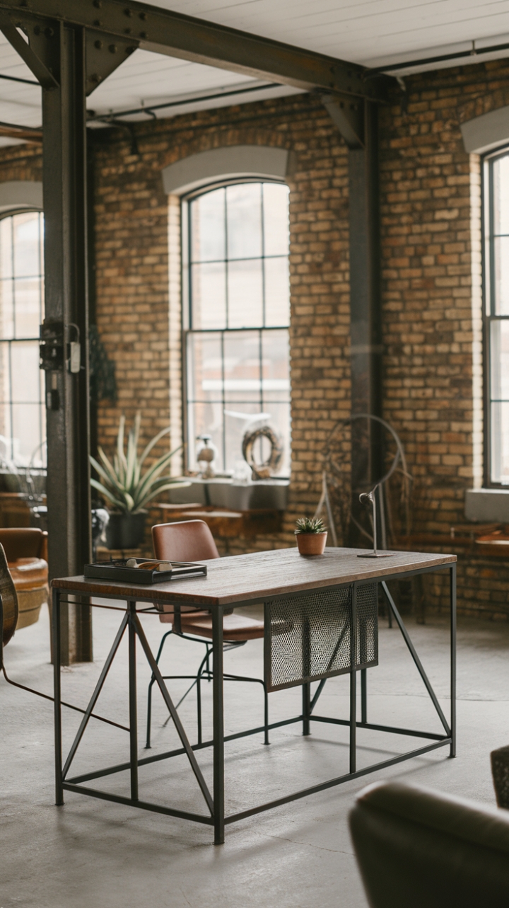 Raw urban grit meets refined industrial chic in this loft workspace. A reclaimed wood desk, perched atop a sturdy metal frame, anchors the space, its vintage charm perfectly complementing the exposed brick and steel beams. The minimalist design keeps the focus on the raw beauty of the materials, while pops of greenery and carefully chosen accents add a touch of personality.
