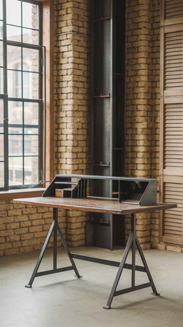 Raw, reclaimed wood meets industrial grit in this loft workspace. The vintage desk, a star in its own right, anchors the minimalist aesthetic, its metal frame a perfect counterpoint to the exposed brick and natural light streaming through the wooden shutters. The space breathes cool, calm, and collected style.