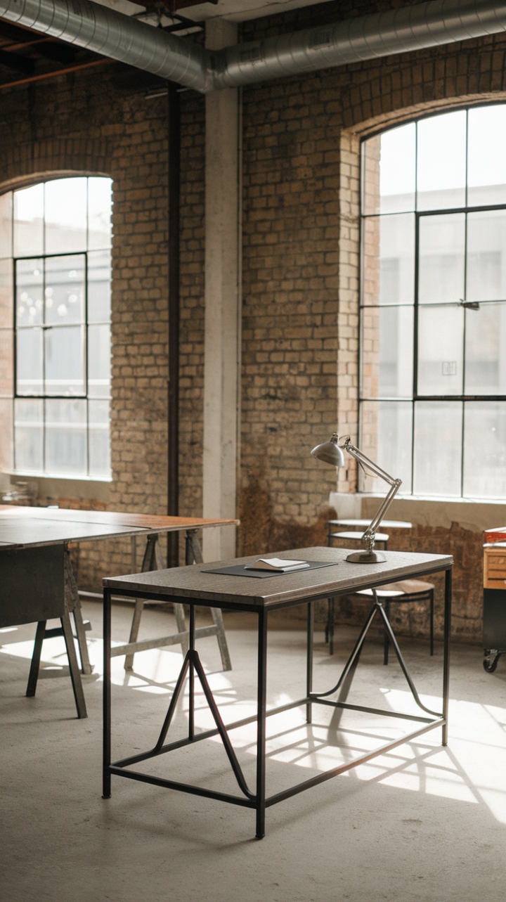 This urban sanctuary seamlessly blends vintage industrial design with modern functionality. A minimalist metal desk, topped with reclaimed wood, anchors the space, its sleek silhouette a striking contrast to the exposed brick and high ceilings. Nearby, a sturdy industrial desk offers ample workspace, completing this inspiring and uniquely stylish office.