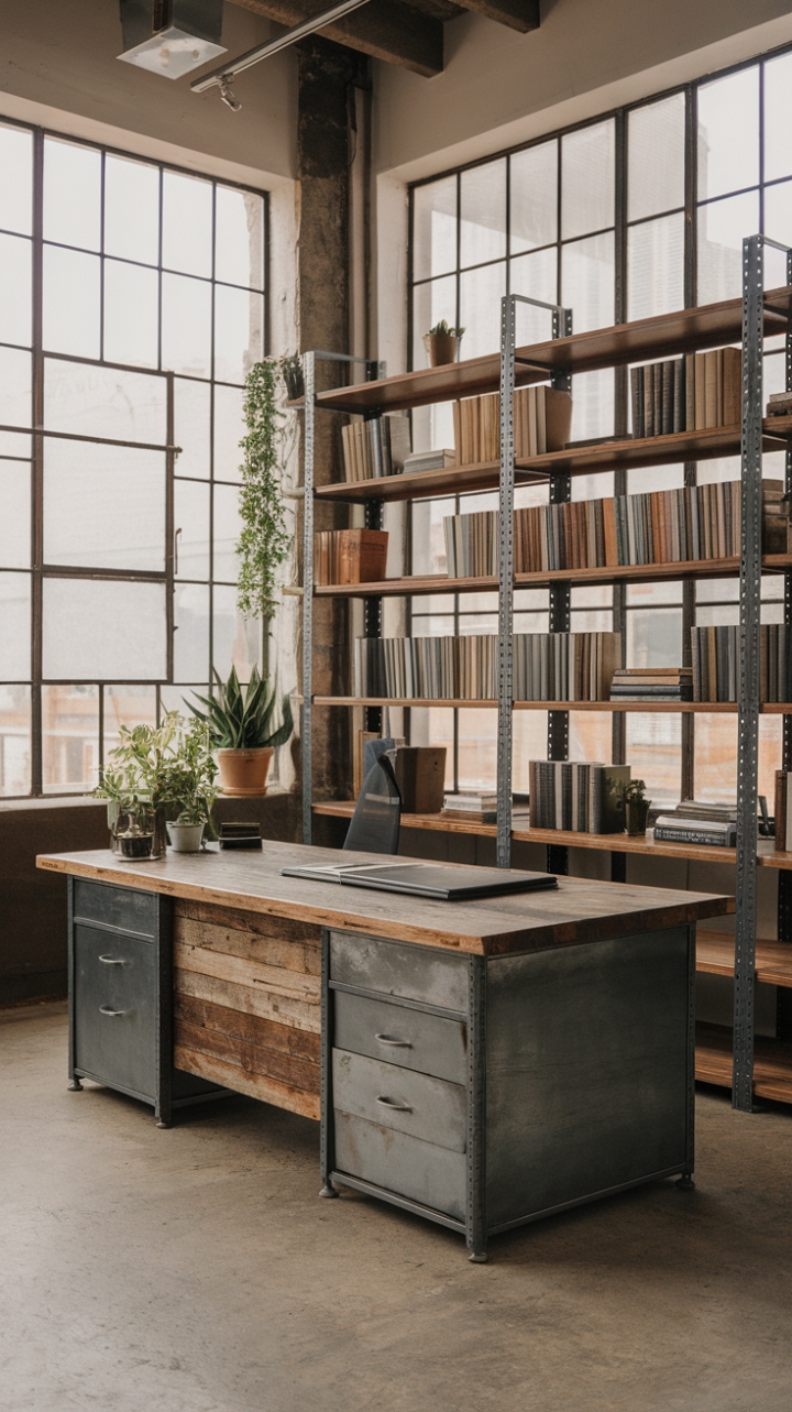 Ready to transform your workspace? Imagine this: raw, reclaimed wood meets industrial chic in a loft bathed in natural light. A colossal desk, its metal frame a stark contrast to the rich patina of the wood, anchors the space. Minimalist décor lets the architecture and the desk's stunning craftsmanship take center stage, while overhead shelving, brimming with both books and greenery, adds a touch of lived-in warmth. Concrete floors complete this urban sanctuary.