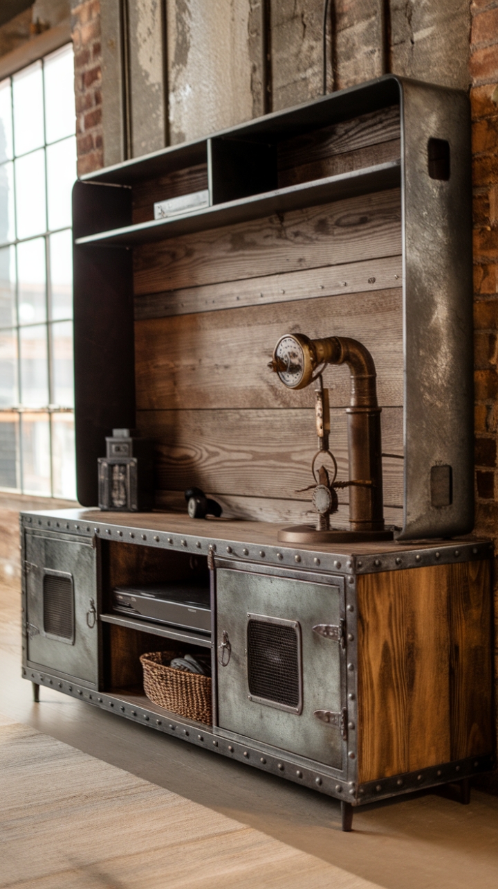 This reclaimed wood and metal media console is a showstopper. Its rustic, warehouse-style design is punctuated by striking steampunk details, creating a captivating focal point in any loft-inspired living space. The distressed finish adds a layer of vintage authenticity, promising years of stylish entertainment.