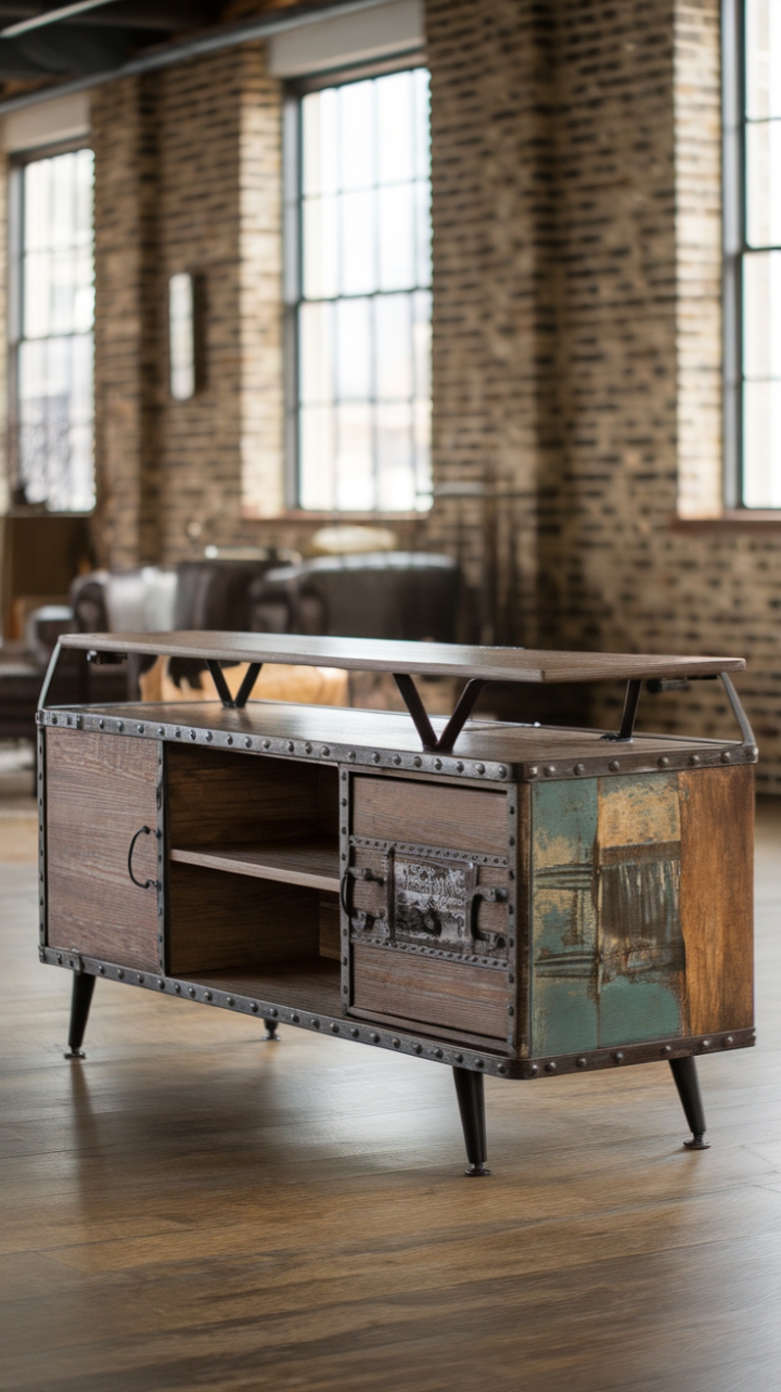 Industrial edge meets vintage charm in this stunning media console. The distressed wood and metal accents create a captivating contrast against the exposed brick backdrop, proving that rustic refinement is always in style. A perfect blend of form and function for the discerning homeowner.