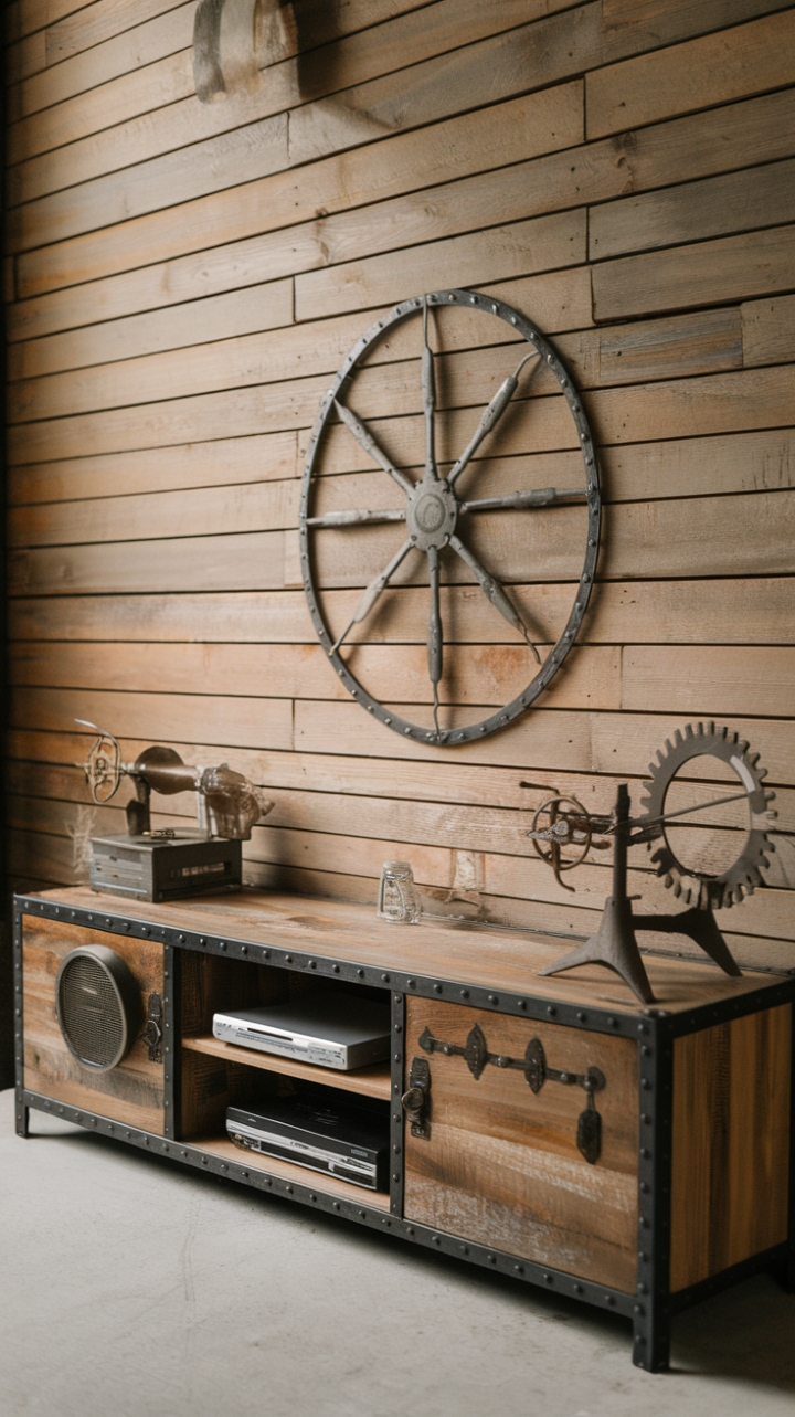Ready to transform your living space with raw, industrial chic? This warehouse-style TV stand, boasting a distressed wood finish and a striking steampunk metal frame, is the perfect blend of rustic charm and modern minimalism. Its vintage media console adds a touch of nostalgic elegance, creating a loft-inspired entertainment center that's both functional and visually stunning.