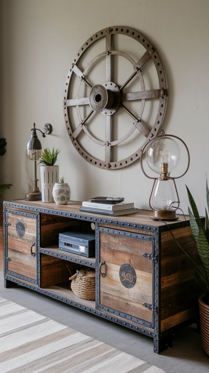 Ready to transform your media room? This vintage industrial TV stand, with its distressed wood and steampunk-inspired metalwork, brings warehouse chic to a whole new level. The rustic entertainment center, complete with a minimalist design and a few carefully chosen accents, creates a loft-inspired haven perfect for movie nights.