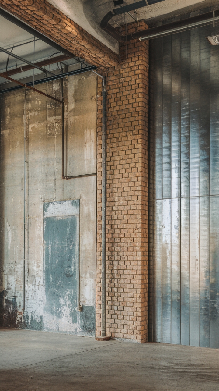 Ready to embrace raw, urban chic? This industrial haven boasts exposed brick, concrete, and metal, all under soaring ceilings. The textures sing, from the distressed brick to the cool gleam of the metal panels, creating a space that's both edgy and inviting. The raw materials and visible pipes add a layer of authentic industrial charm.