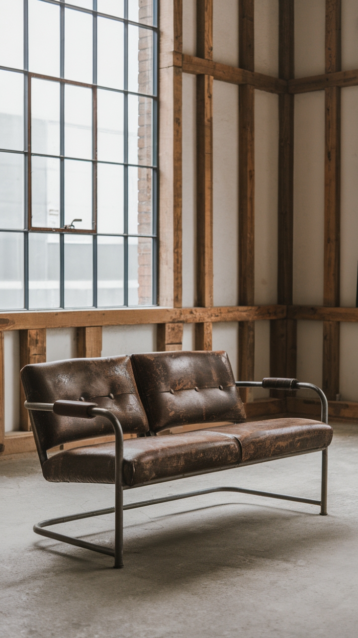 Raw urban grit meets refined comfort. This vintage industrial sofa, a testament to enduring style, anchors a minimalist loft space defined by exposed wooden beams and polished concrete floors. The distressed upholstery adds a touch of lived-in luxury, perfectly complementing the factory-inspired aesthetic.