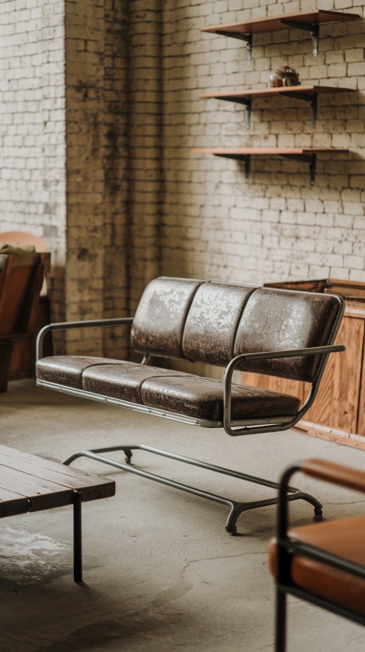 Raw industrial chic meets lived-in luxury. This vintage metal-framed sofa, boasting a beautifully distressed upholstery, anchors a loft space brimming with character. The exposed brick and concrete floor provide the perfect backdrop for this effortlessly cool design. A testament to the enduring appeal of reclaimed materials and timeless style.