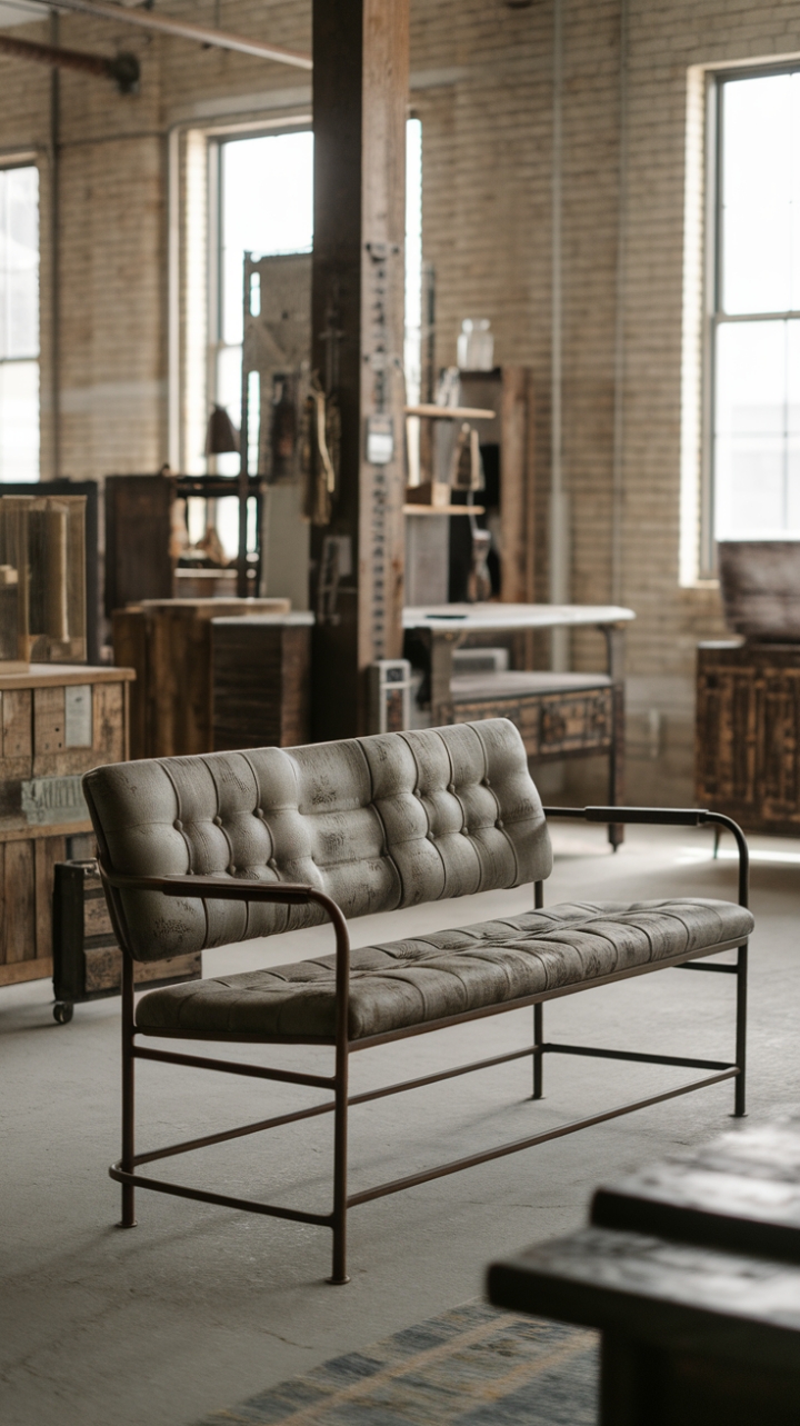 Raw urban grit meets refined comfort. This vintage industrial sofa, a masterpiece of distressed leather and sturdy metal, anchors a minimalist loft space defined by exposed brick, reclaimed wood, and the whisper of industrial history. The perfect blend of rugged texture and sophisticated simplicity.
