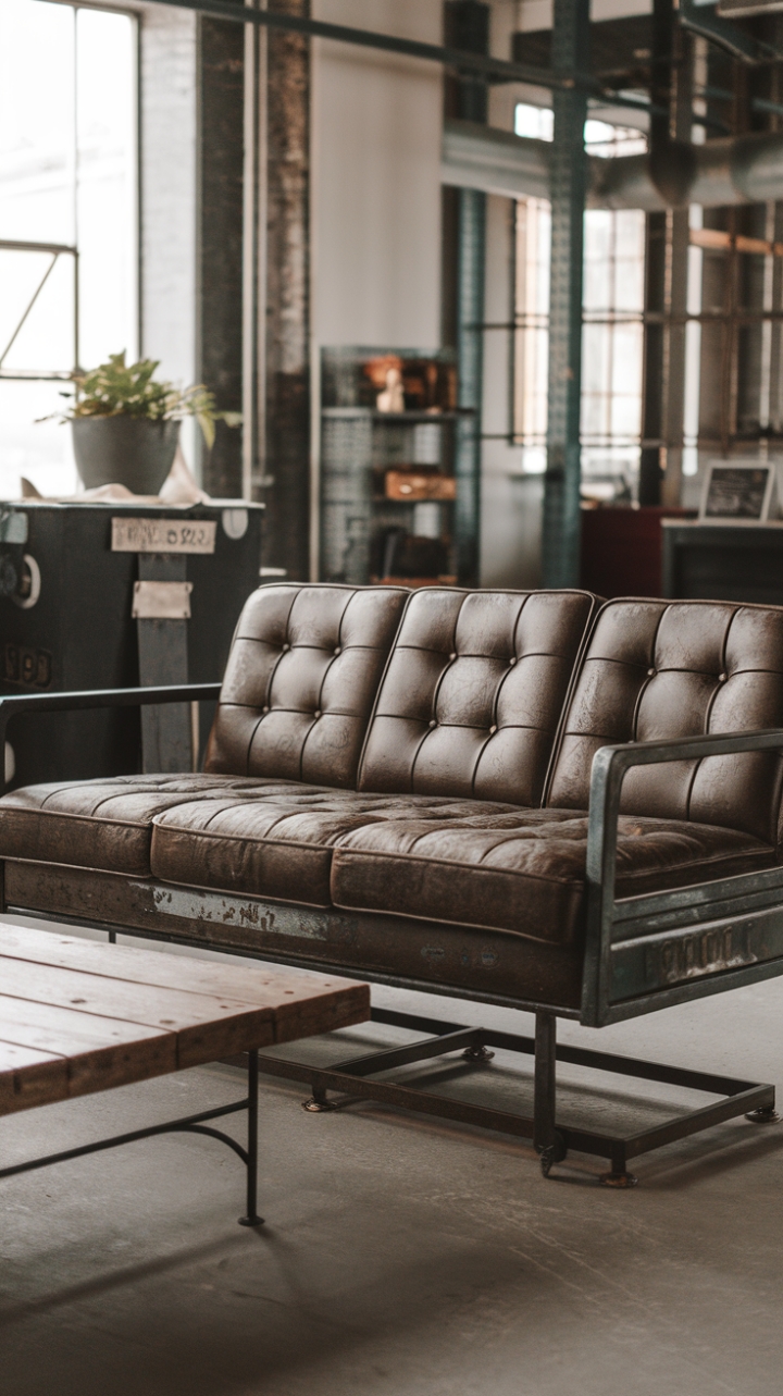 Ready to infuse your space with raw, urban cool? This vintage industrial sofa, a masterpiece of distressed upholstery and sturdy metal, anchors a minimalist loft, its character perfectly complemented by a reclaimed wood coffee table and the subtle greenery of a potted plant.