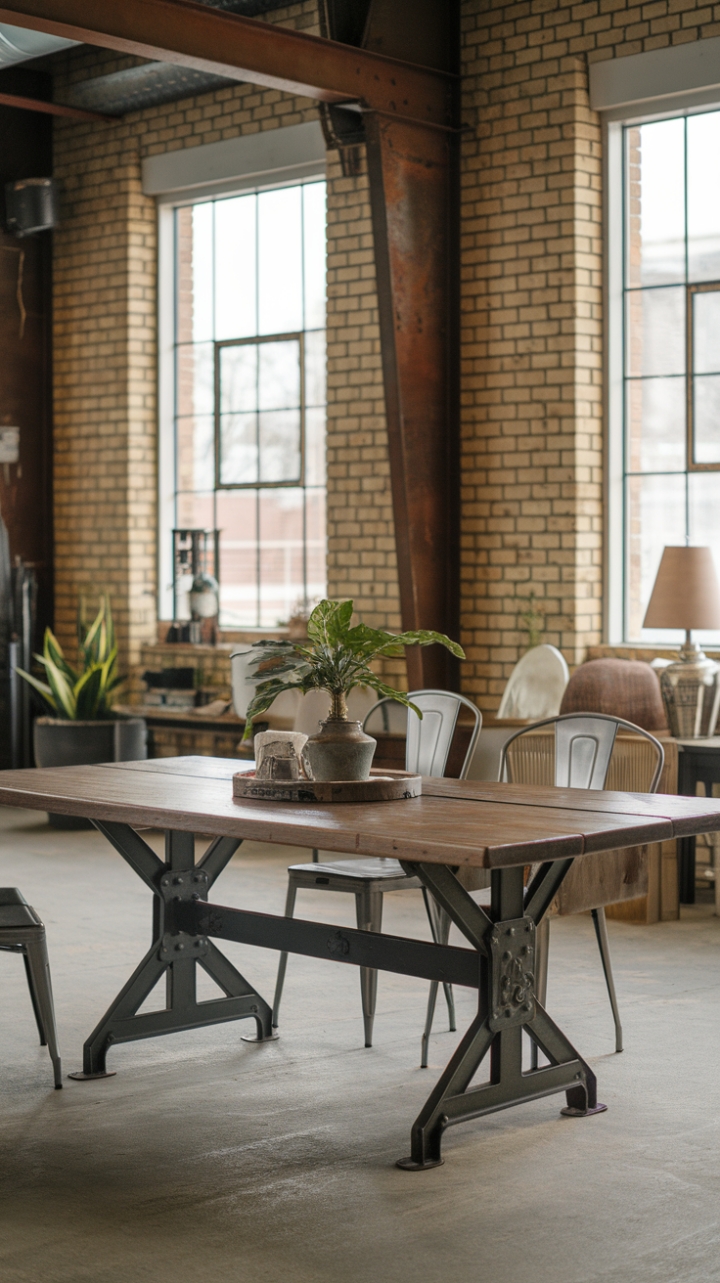 Raw industrial architecture provides the perfect canvas for this stunning dining area. A reclaimed wood table, grounded by a robust metal frame, commands attention, its rustic beauty softened by the addition of simple chairs and carefully chosen accents. The result is a space that's both strikingly modern and comfortably inviting, a testament to the power of contrasting design elements.