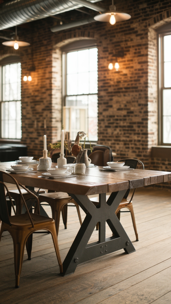 Imagine cozy evenings gathered around this stunning farmhouse table, its weathered wood top whispering tales of time gone by. The industrial steel legs add a touch of modern grit, perfectly complementing the exposed brick walls and rustic floorboards of this captivating loft setting. A space where memories are made.