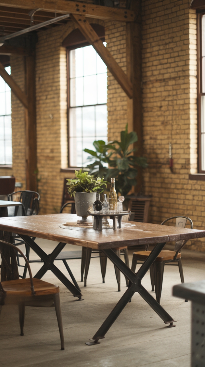 Industrial chic meets farmhouse charm in this captivating dining area. A sturdy reclaimed wood table anchors the space, its metal legs a nod to the loft's raw aesthetic. The juxtaposition of textures and styles creates a uniquely inviting and stylish atmosphere, perfect for sharing meals and memories.