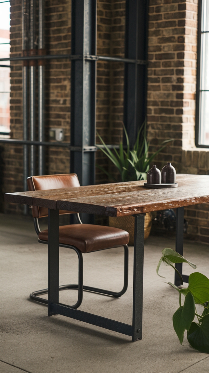 This loft-style dining area is a masterclass in industrial design. The reclaimed wood table, rich with character, commands attention against the backdrop of exposed brick and utilitarian metalwork. A classic leather chair and a touch of greenery inject warmth and personality into the otherwise stark setting, creating a space that's both stylish and surprisingly inviting.