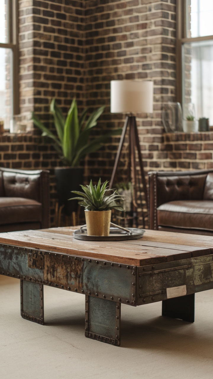Raw urban grit meets refined industrial chic. This reclaimed wood and metal coffee table anchors a loft space with its vintage charm and minimalist design, perfectly complemented by the exposed brick and pops of greenery.