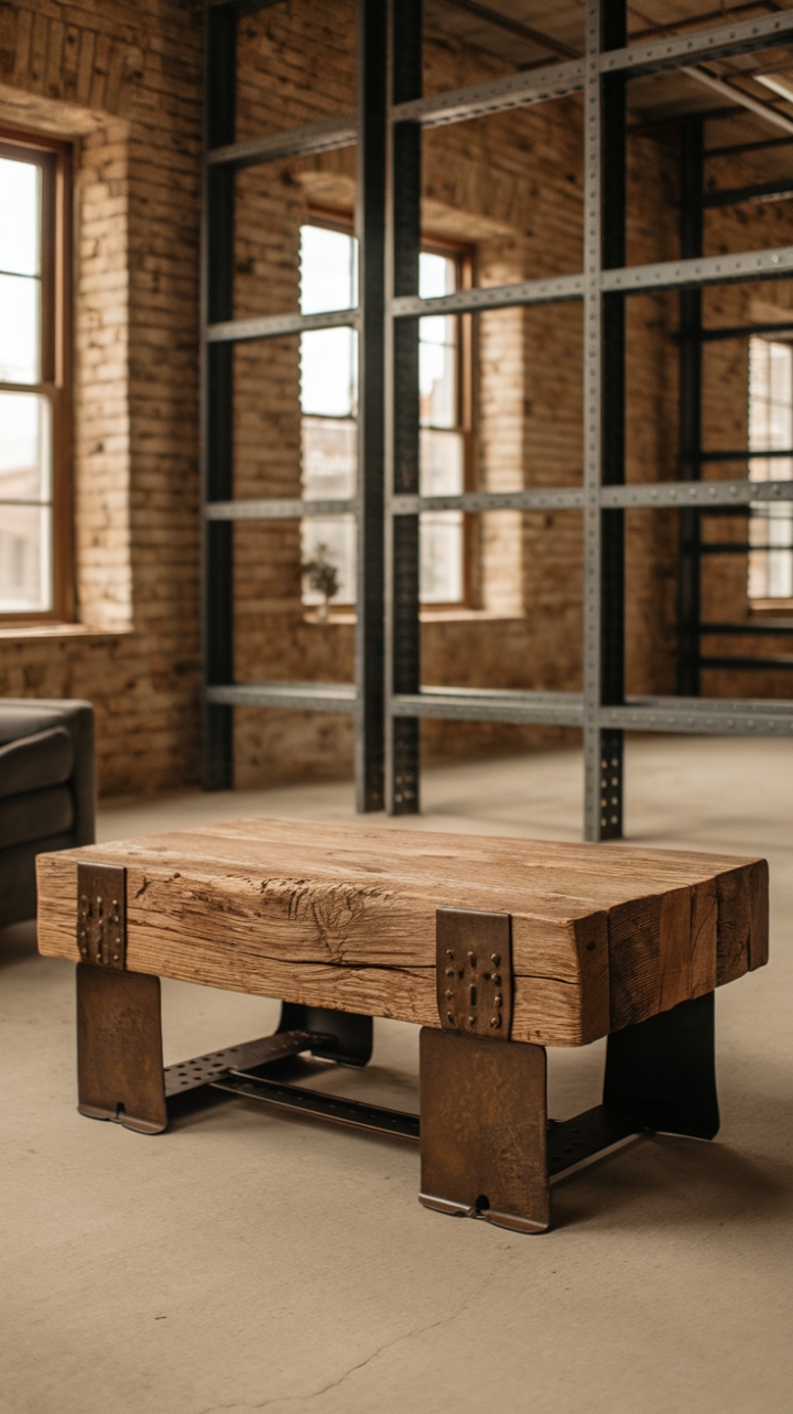 Ready to infuse your space with raw, urban charm? This rustic coffee table, a masterpiece of reclaimed wood and vintage industrial metal, anchors a minimalist loft with effortless cool. The weathered wood's character speaks volumes, while the exposed metal base adds a touch of gritty sophistication.