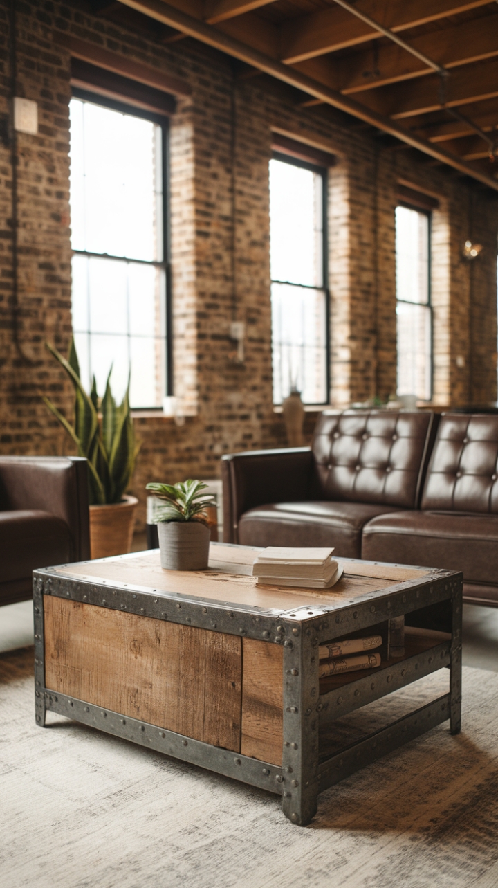 Raw texture meets refined style. This reclaimed wood and metal coffee table anchors a minimalist living space, its industrial edge softened by the warmth of the wooden ceiling and the lush greenery of a potted plant. The exposed brick adds a touch of urban grit, creating a captivating blend of contrasting elements.
